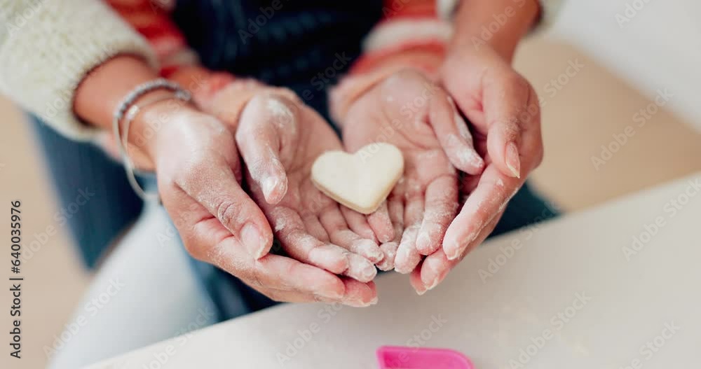 Canvas Prints Baking, heart and hands of mother and daughter in kitchen for cooking, helping or learning. Food, love and support with closeup of people and cookies in family home for dessert, recipe or pastry