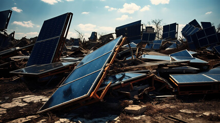 Old Trashed Solar Panels Piled Up in a Landfill or Scrap Yard, Difficult to Recycle, Generative AI