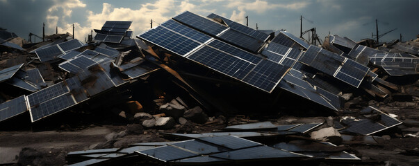 Old Trashed Solar Panels Piled Up in a Landfill or Scrap Yard, Difficult to Recycle, Generative AI