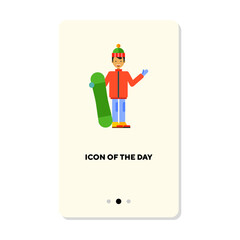 Happy man in warm clothes with snowboard flat icon. Vertical sign or vector illustration of snowboarding element. Extreme sports, activity, healthy lifestyle for web design and apps