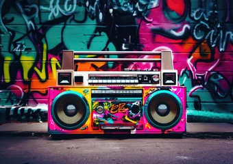  Retro old design ghetto blaster boombox radio cassette tape recorder from 1980s in a grungy graffiti covered room.music blaster   © Michael