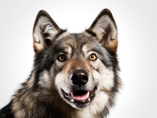 Cute confused wild wolf portrait and white background. Generative AI