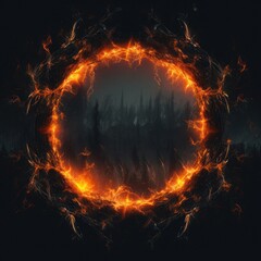 Round fire frame on a black backdrop. Abstract background. Design element.