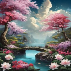 Fototapeta na wymiar Illustrated Springtime Japanese Garden