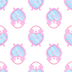 Cute girlish alarm clock. Pink glamour. Seamless pattern. Heart shape.
