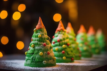Row of Christmas tree shape cakes on a Christmas table, blurred Christmas background. Generative AI