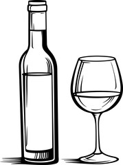 Bottle of wine and glass simple sketch drawing black outline