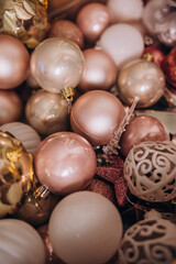 christmas decorations balls in a box background and texture