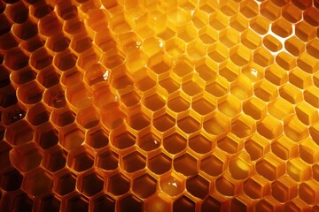 Background texture of a section of wax honeycomb from a bee hive filled with golden honey