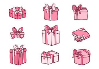 Set of hand drawn icons of pink gifts in doodle style. Cartoon present box set with bows. Gift package with love for Valentine's day, Birthday, Wedding, Anniversary.
