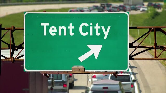 A hypothetical Tent City highway road sign.	
