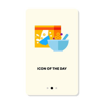 Box and bowl of cereal flat icon. Vertical sign or vector illustration of tasty snack or healthy breakfast element. Food, health, breakfast for web design and apps