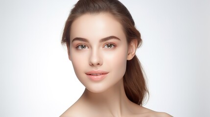 Fototapeta premium Radiant Beauty Portrait: A young woman with flawless skin and a gentle smile, her hair pulled back in a simple ponytail. Her natural beauty shines through in this close-up shot, perfect for beauty.