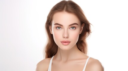 Naklejka premium Natural Beauty: A young woman with flawless skin and captivating hazel eyes gazes directly at the camera, radiating confidence and natural beauty. Her soft, tousled hair frames her face perfectly.