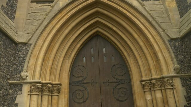 English Medieval Church Polymer Concrete Wooden Doorway Archway Pan Up Flint  