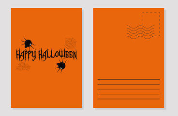 A postcard template for the Halloween holiday. Spiders and cobwebs on an orange background. Design concept. Vector flat illustration.