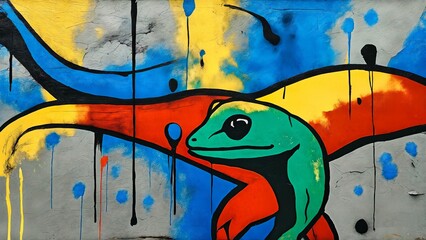 colorful snake graffiti mural on a grey wall