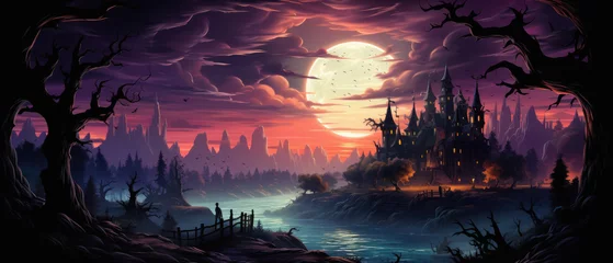 Foto op Canvas Happy Halloween spooky scary moon night scene horror landscape background. Creepy dark forest woods trees, moon and Happy Haloween ghosts gothic mysterious sky moonlight gloomy scenery backdrop. © Synthetica
