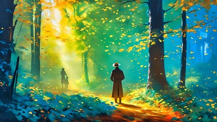man following woman and child in the autumn forest