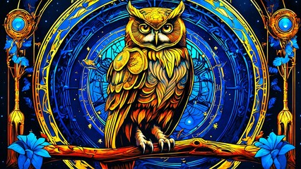Owl sitting on a branch in the night starry sky, clockwork style illustration