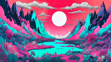 Fantasy alien planet. Mountain and lake. illustration.