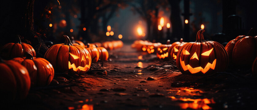 Happy Halloween background spooky scene, creepy dark night jack o lantern pumpkins and spooky graves on graveyard ghosts horror gothic evil cemetery landscape. Mysterious night moonlight backdrop.