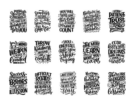 Naklejki Set with hand drawn motivation lettering quotes in modern calligraphy style. Inspiration slogans for print and poster design. Vector
