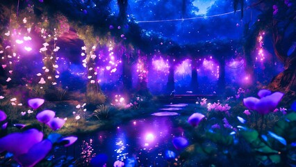 Night view of the garden decorated with purple flowers and lanterns.