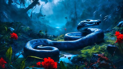 a snake in the jungle with a foggy background