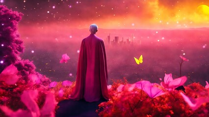 Mystical scene with a person in a pink cloak and a city in the background