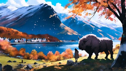 Painting of an autumn landscape with a bison, a child, mountains and lake.