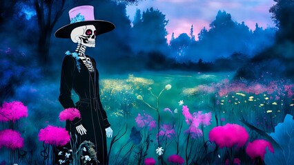 Illustration of a woman skeleton costume on a field of flowers