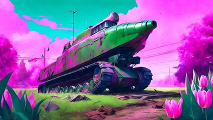 Fantasy Illustration of a Green Tank in Action.
