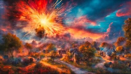 Fantasy landscape exploding sun with a town and fields. Digital painting.