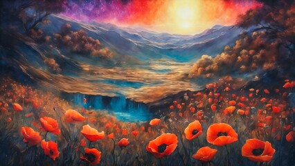 Poppies in the meadow at sunset. Digital painting.