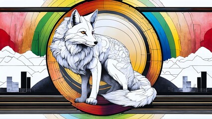 Illustration of an arctic fox on abstract city background