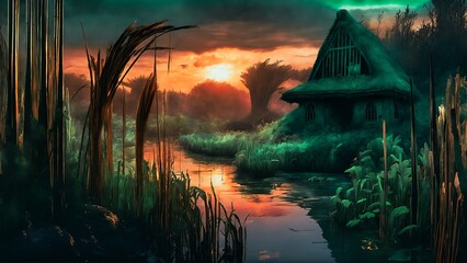 Fantasy landscape with a hut on the bank of the river.