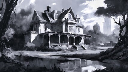 Old house on the bank of the river, black and white painting