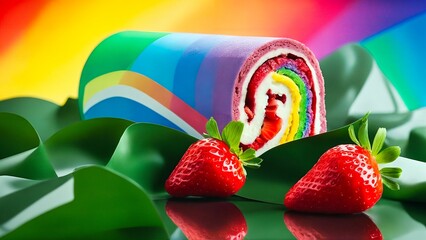 Roll cake with cream and strawberries on a rainbow background