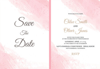Cute beautiful and elegant pink watercolor wedding invitation with watercolor streaks, strokes and drops, splatter and Save the date lettering and the names of the bride and groom. Front and back side - Powered by Adobe