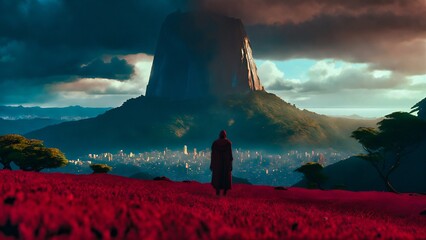 Silhouette of a hooded person standing on a red field with a mountain in the background