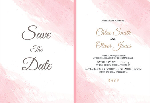 Cute beautiful and elegant pink watercolor wedding invitation with watercolor streaks, strokes and drops, splatter and Save the date lettering and the names of the bride and groom. Front and back side