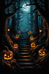 Happy Halloween background spooky scene, creepy dark night jack o lantern pumpkins and spooky graves on graveyard ghosts horror gothic evil cemetery landscape. Mysterious night moonlight backdrop.