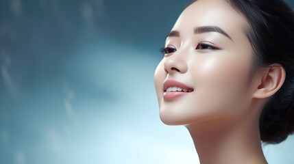 lovely young Asian woman model for face wash product, with hand on her face, fresh face, lovely, glowing, healthy skin