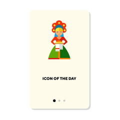 Russian woman in traditional clothes flat vector icon. Russian culture attributes as kokoshnik and bread isolated vector illustration. Slavs culture and ethnicity concept for web design and apps