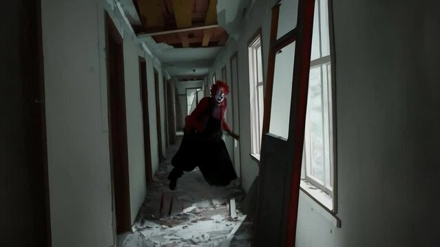 Scary Clown with Red Hair Coming After You 4K features an A.I. Generated video with a scary clown crashing into a hallway carrying a weapon and eventually coming after the viewer.