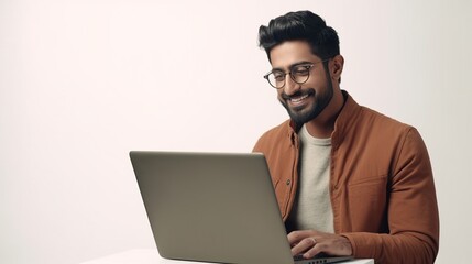 person working on laptop on white background. 