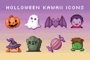 Obraz premium かわいくてレトロなドット絵のハロウィンの大きめアイコンでセット