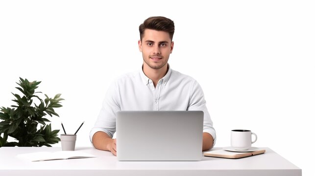 businessman working on laptop on white background. generative ai