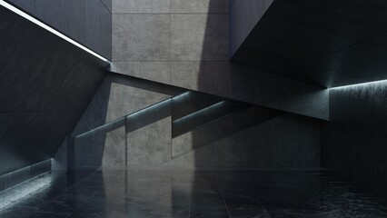 interior of the showroom made of stone and concrete, illuminated, dark hall, 3d render
